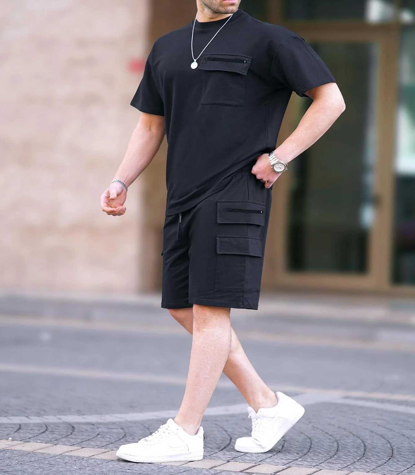 Summer New Mens Casual Solid Color Short Sleeved Round Neck T-shirt and Shorts Set Multi Pocket Fashionable Commuting 2-Pc Set W250609