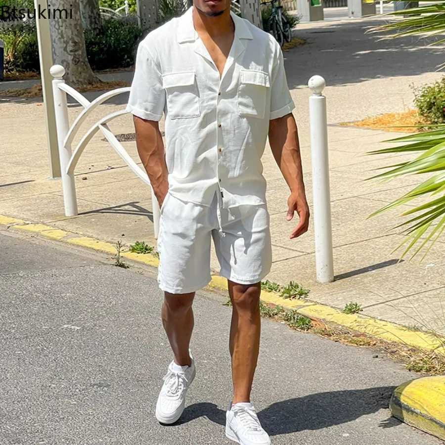 New 2025 Mens Summer Casual Clothing Sets Solid Short Sleeve Pockets Shirt +Shorts Sets Male Cotton Linen Two Piece Suits Sets W250609