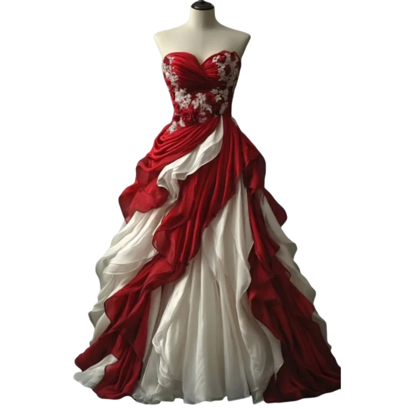 Vintage Ivory And Red A-Line Wedding Dresses Lace Flowers Appliques Sweetheart Long Elegant Bridal Gown Ruffle Tiered Vestido De Novia Back lace-up