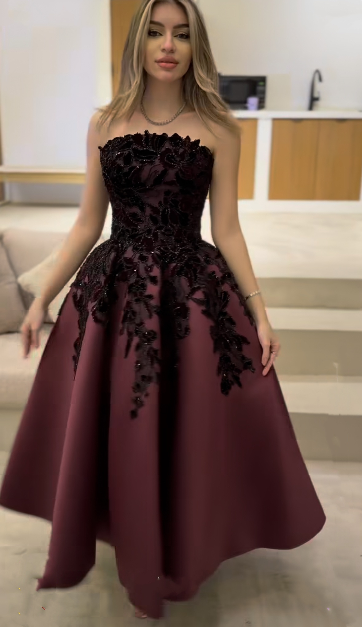Brand Burgundy Strapless Satin A Line Prom Dresses With Glitter Beads Lace Appliques Evening Gown For Graduation And Birthday Party Mb626 - view 7
