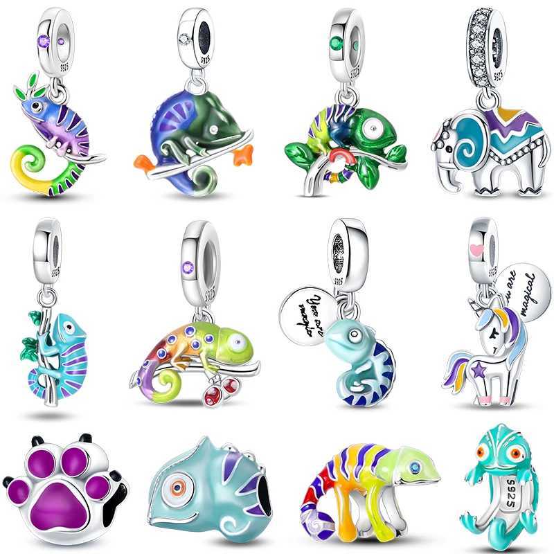 100% S925 Silver Temperature Change Color Chameleon Elephant Train Charms Fit Pan Original Bracelets DIY Fine Jewelry Gifts XJ250607