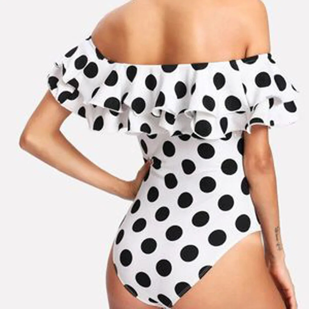 Black and White Polka Dot Ruffled OnePiece Swimsuits Sexy Push Up Bathing Suit Bodysuit Girl Beach Backless Swimwear Monokini 250530