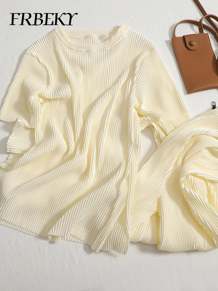 Pants Sets Summer Temperament Round Neck T-shirt Top High Waist Open Wide Leg Pants Two Piece Set for Women Elegant Suit 250605