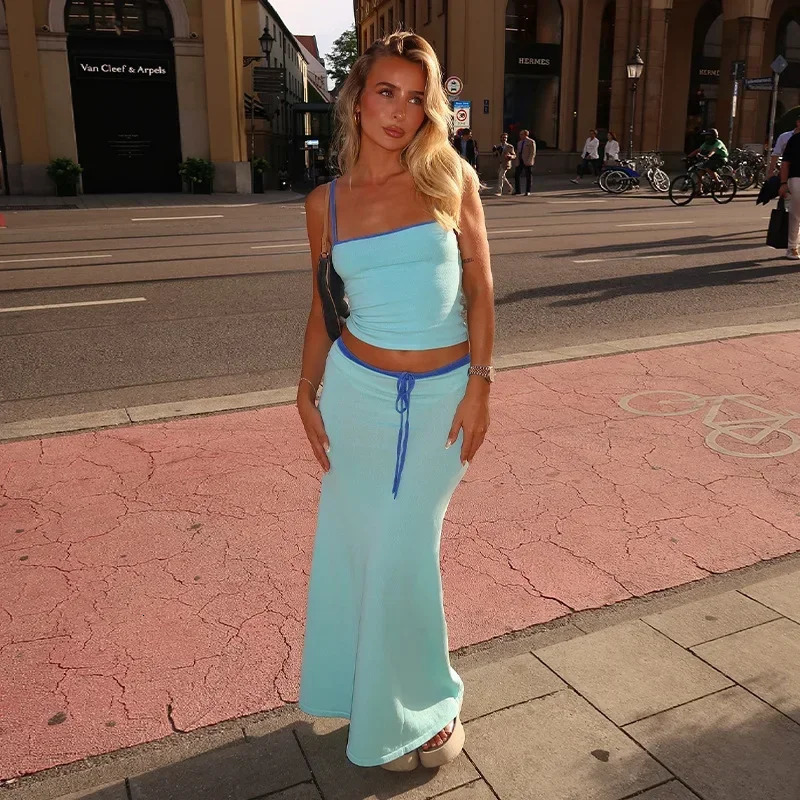Blue High Waist Skirt Sets for Women Spaghetti Strap Crop Top and Long Skirt Outfits Summer Elegant Casual Holiday Two Piece Set 250605