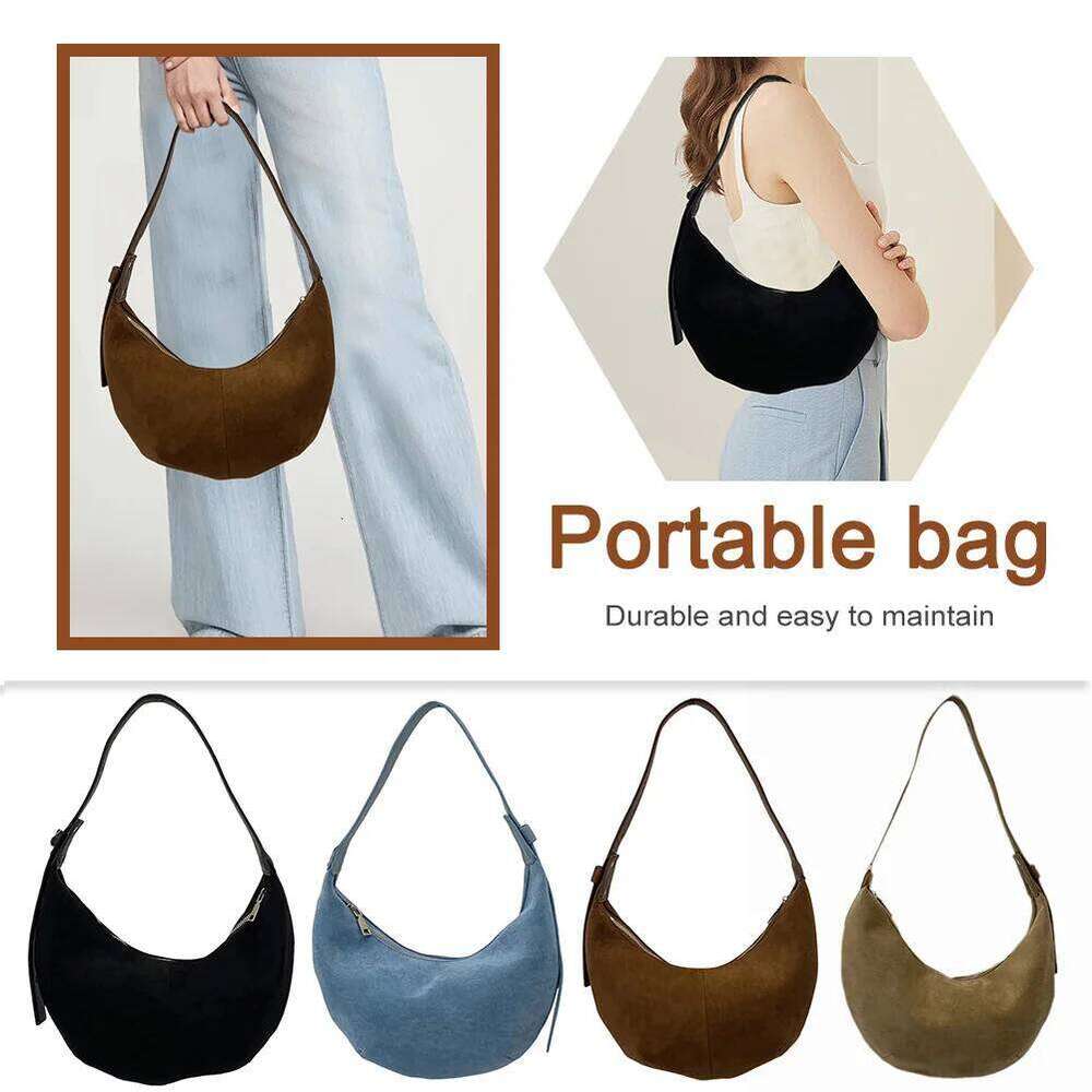 Women Suede Crescent Zipper Closure Underarm Bag Solid Retro Handbag Clutch Purse for Work Travel