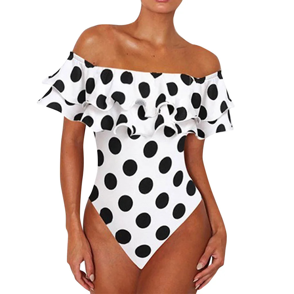 Black and White Polka Dot Ruffled OnePiece Swimsuits Sexy Push Up Bathing Suit Bodysuit Girl Beach Backless Swimwear Monokini 250530