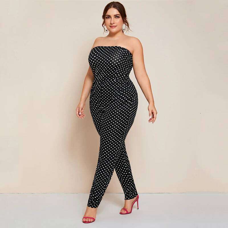 Plus Size Dot Printed Strapless Tube Women Sexy Slash Neck Pocket Sides Summer Spring Elegant Fashion Jumpsuits 6XL