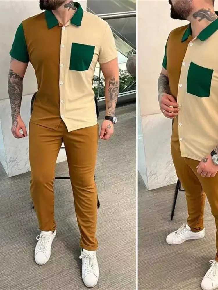 Men Pant Set Two Piece Sets Short Sleeve Turn Down Collar Single Breasted Shirt Tops Splice High Waist Long Pants 2024 W250609