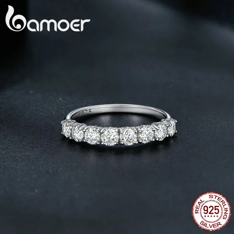 BAMOER Stackable Round Moissanite Ring Iris Lace Band 925 Sterling Silver Half Eternity Ring D Color for Women Engagement Gift