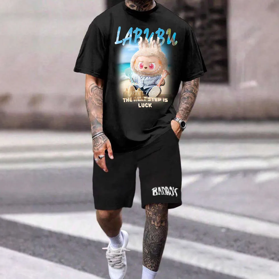 2025 New LABUBU Pure Cotton Short Sleeve Designer T-Shirt American Style Loose Trendy Casual Set Digital Direct Print Labubu Doll