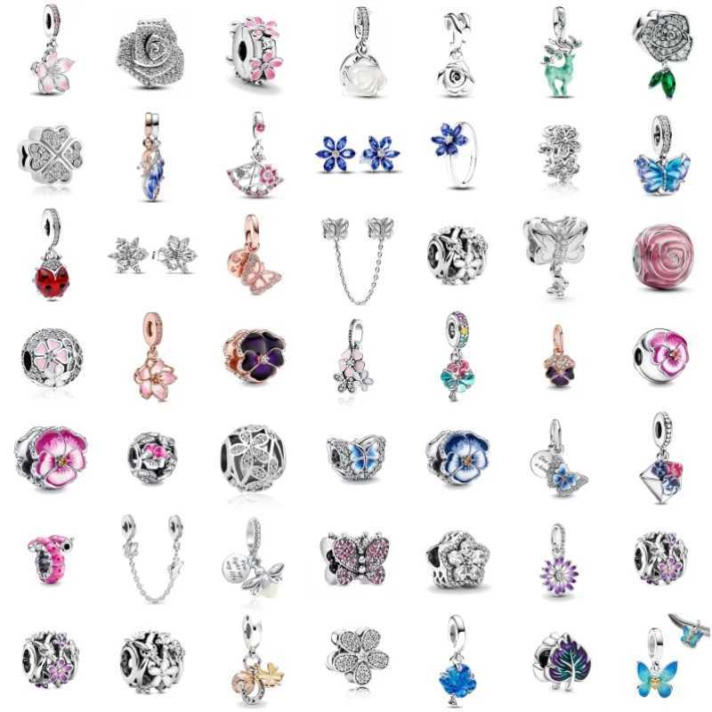 New 925 Silver Blue and pink flowers Charm spring Bead Fit Original Decoration Bracelet DIY Jewelry For Women Rose pendant Gift XJ250607