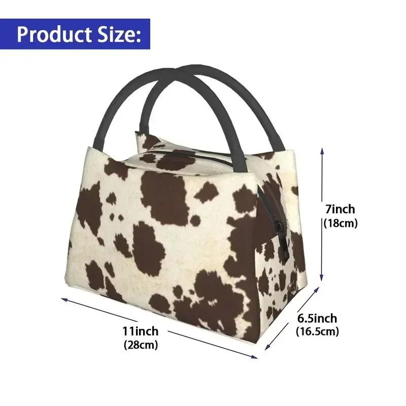 Brown and White Cowhide Lunch Bag for Womens Cooler Insulated Lunch Box Used for Camping 250606
