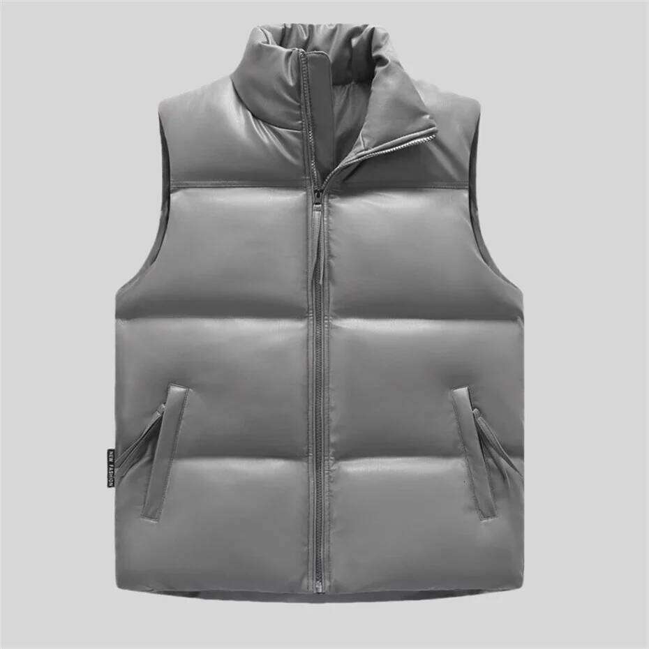 Windproof PU Leather Vest for Men Zipper Warm Thicken Waistcoat Thick Gilet Bread Winter Sleeveless Jacket Padded Coat