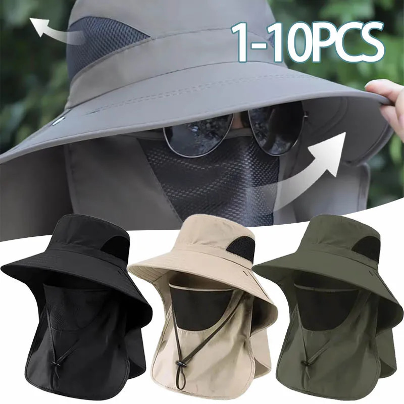1-10PCS Mens Sun Hat with Face Cover UV Protection Outdoor Fishing Breathable Mesh Protection Fisherman Hat for Summer 250605