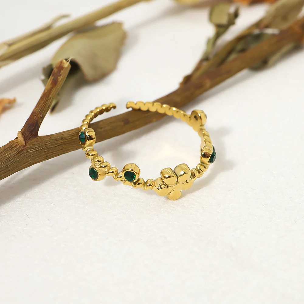 WILD FREE Green Zircon Crystal Stainless Steel Rings for Women Simple Charm PVD Gold Plated Waterproof Jewelry W250606