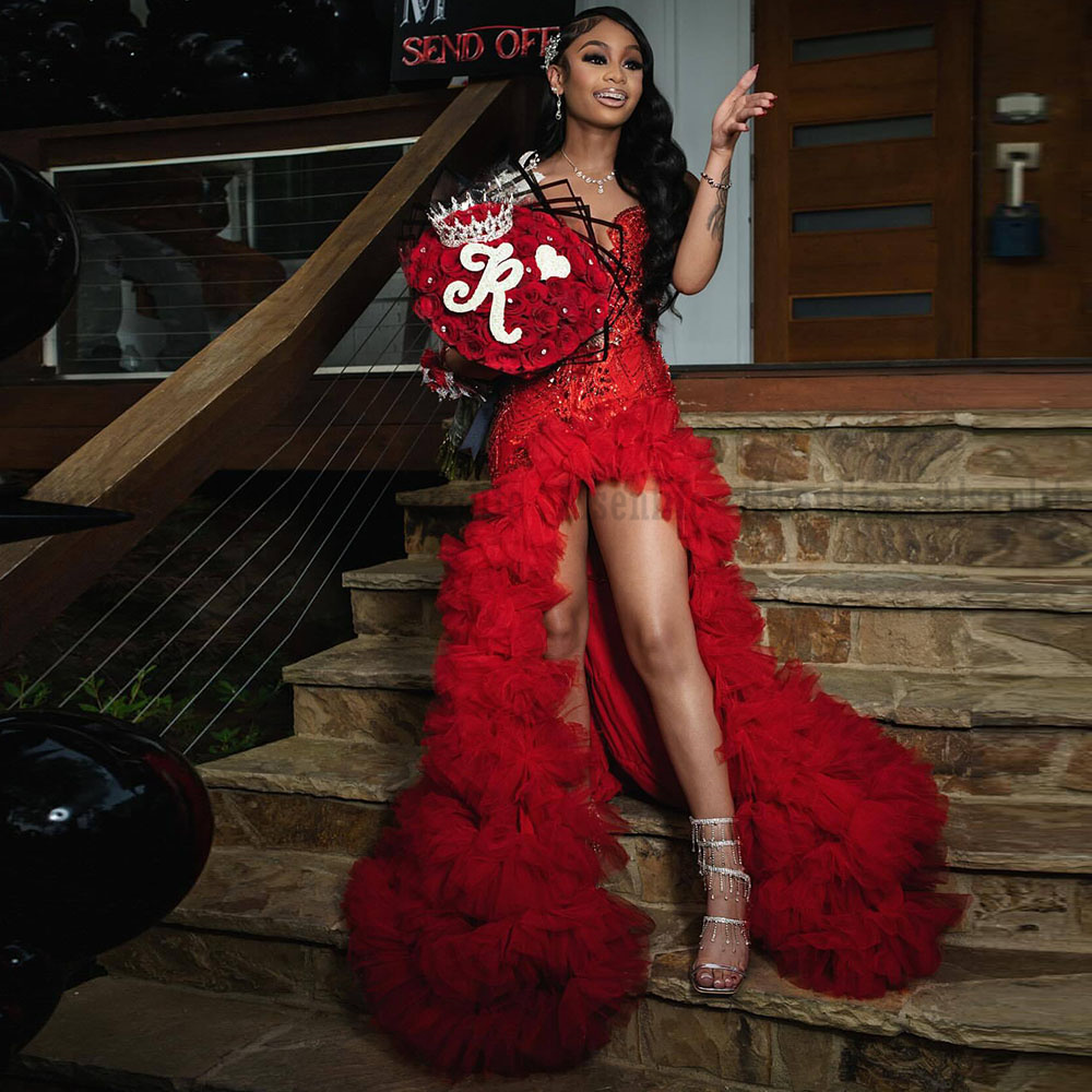 Luxury Red Mermaid Prom Dresses For Special Occasions Ruffles Birthday Party Dress Diamonds Bead Graduation Gown