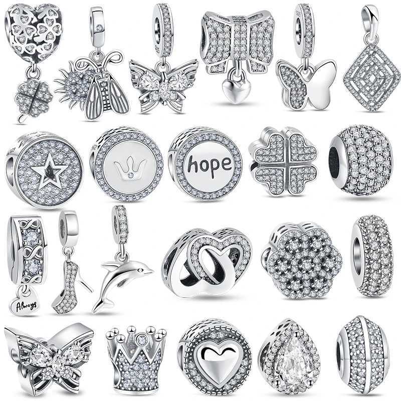 100% 925 Silver Fit Original Pendant Charms Bracelet Jewelry Clear Crown Flower Teardrop Heels Pave Shiny Silver Color BeadsXJ250607