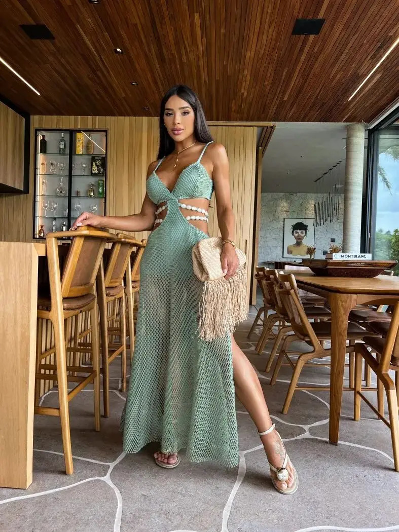 Mesh Long Dress Women Summer Cutout Party Dresses Cover Up Elegant Slim Split Maxi Vestidos Holiday Beach Robe 250605