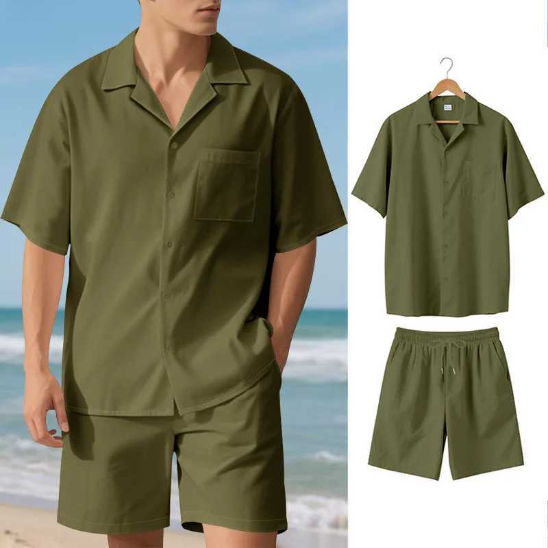 Ice silk cotton linen breathable beachwear for men light luxury casual vacation style set trendy short sleeved plus loose shorts W250609