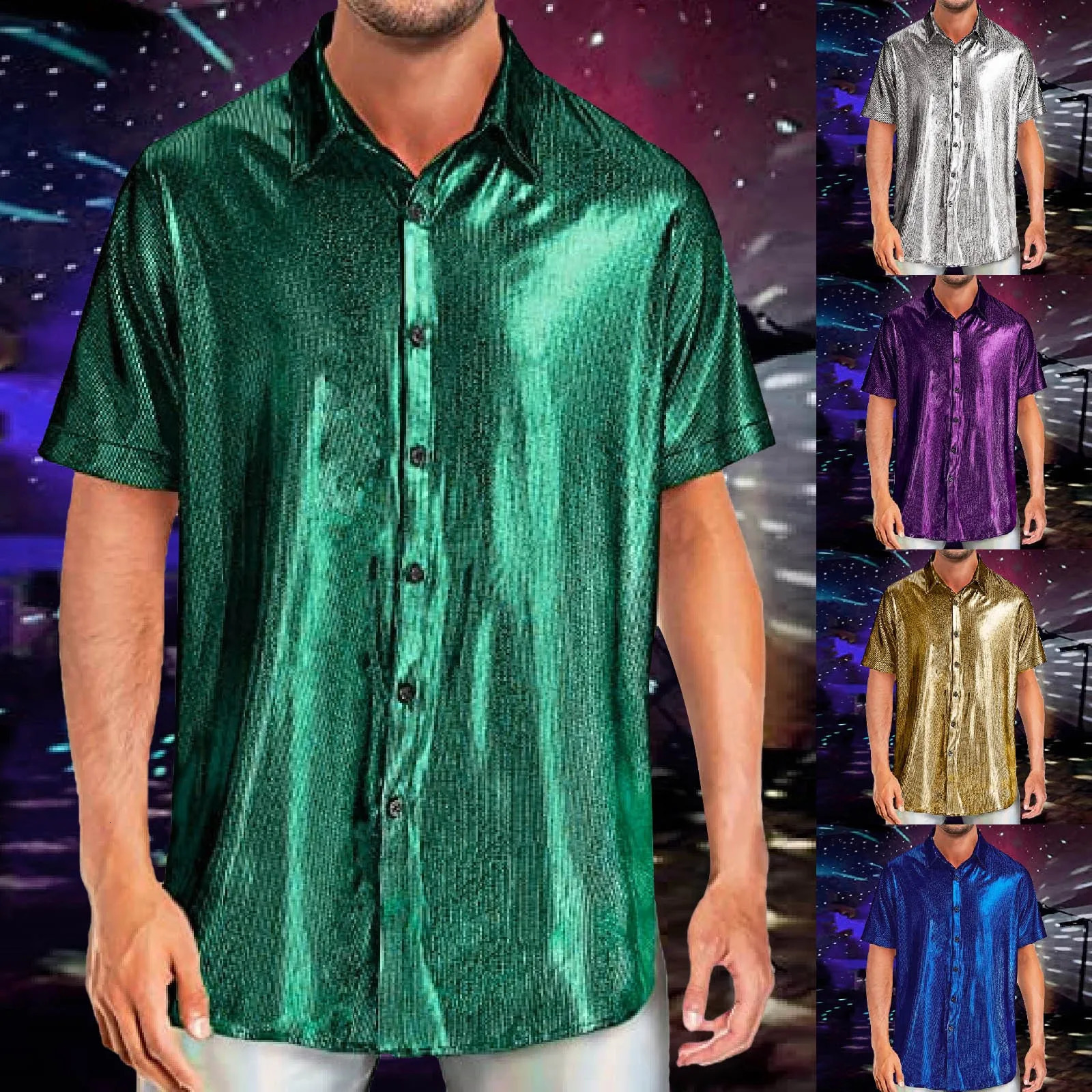 Mens Shiny Sequins Shirt Fashion Mens Performance Shirt Turn-Down Collar Short Sleeved Shirts For Club Party Disco Stage Show 250606