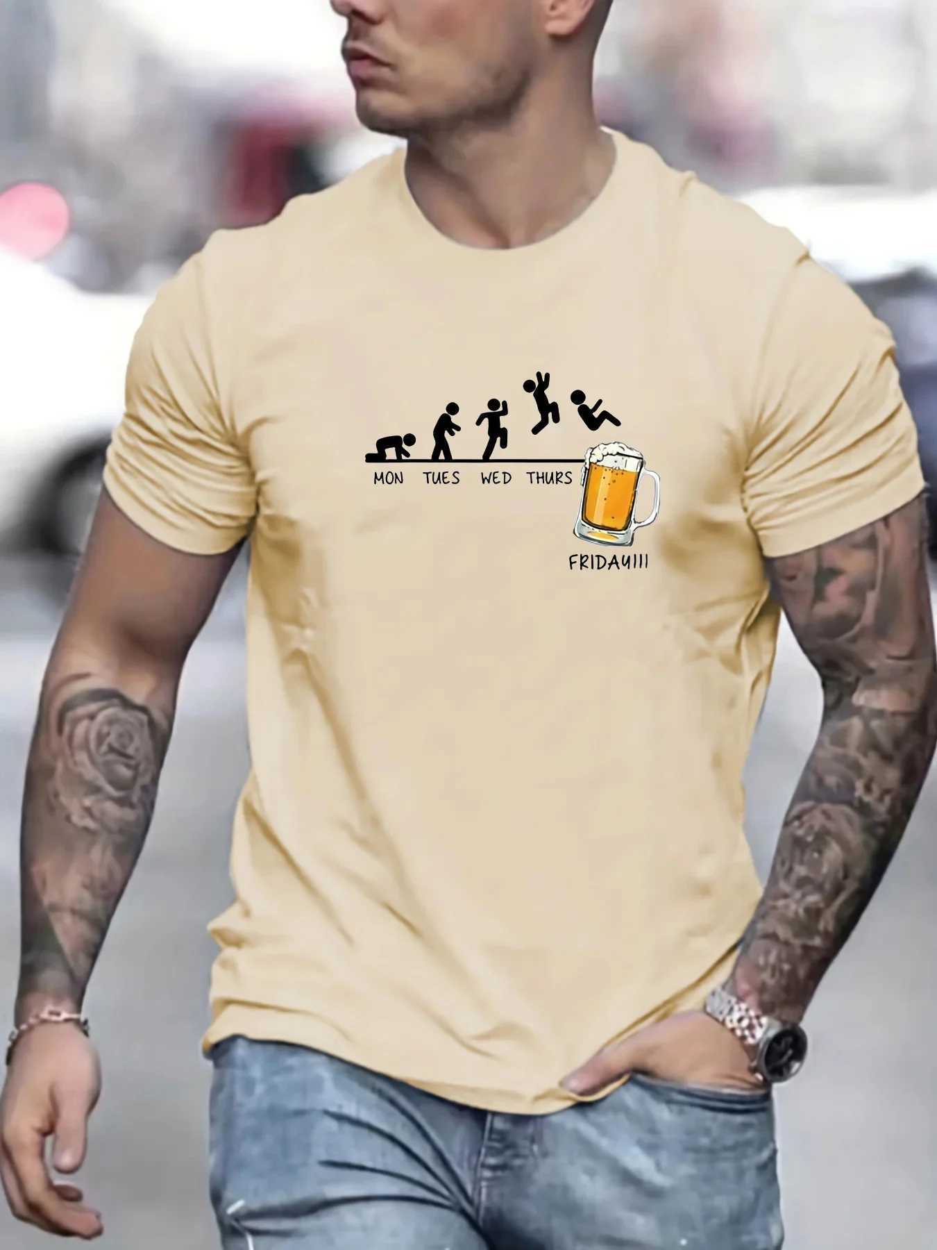 Summer Mens 00% Cotton Casual Loose Size Jumping In Beer Print Round Neck Short Sleeve T-shirt Top W250607