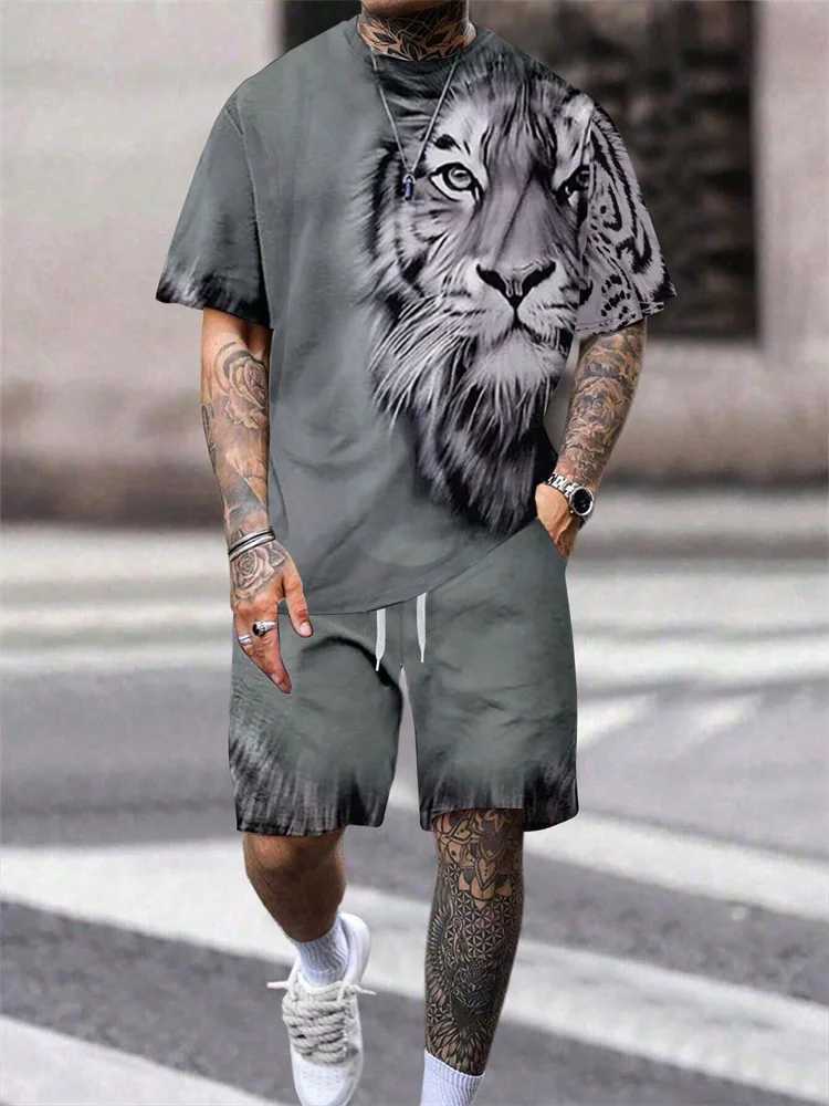 2024 New Crew Neck Short Sleeve T-shirt Fashion Shorts Set 3D Lion Print Short Sleeve Shorts 2-piece Mens Summer Sports Set W250609
