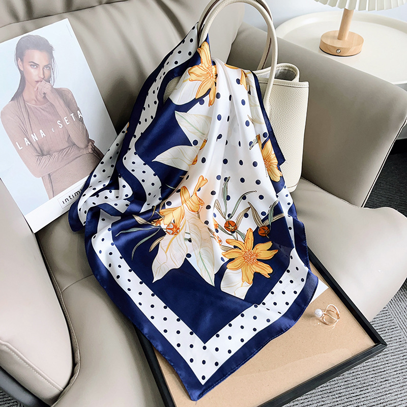 K945 Modern trendy geometric polka dot floral print 70 square scarf new women's fashion decorative temperament imitation silk scarf