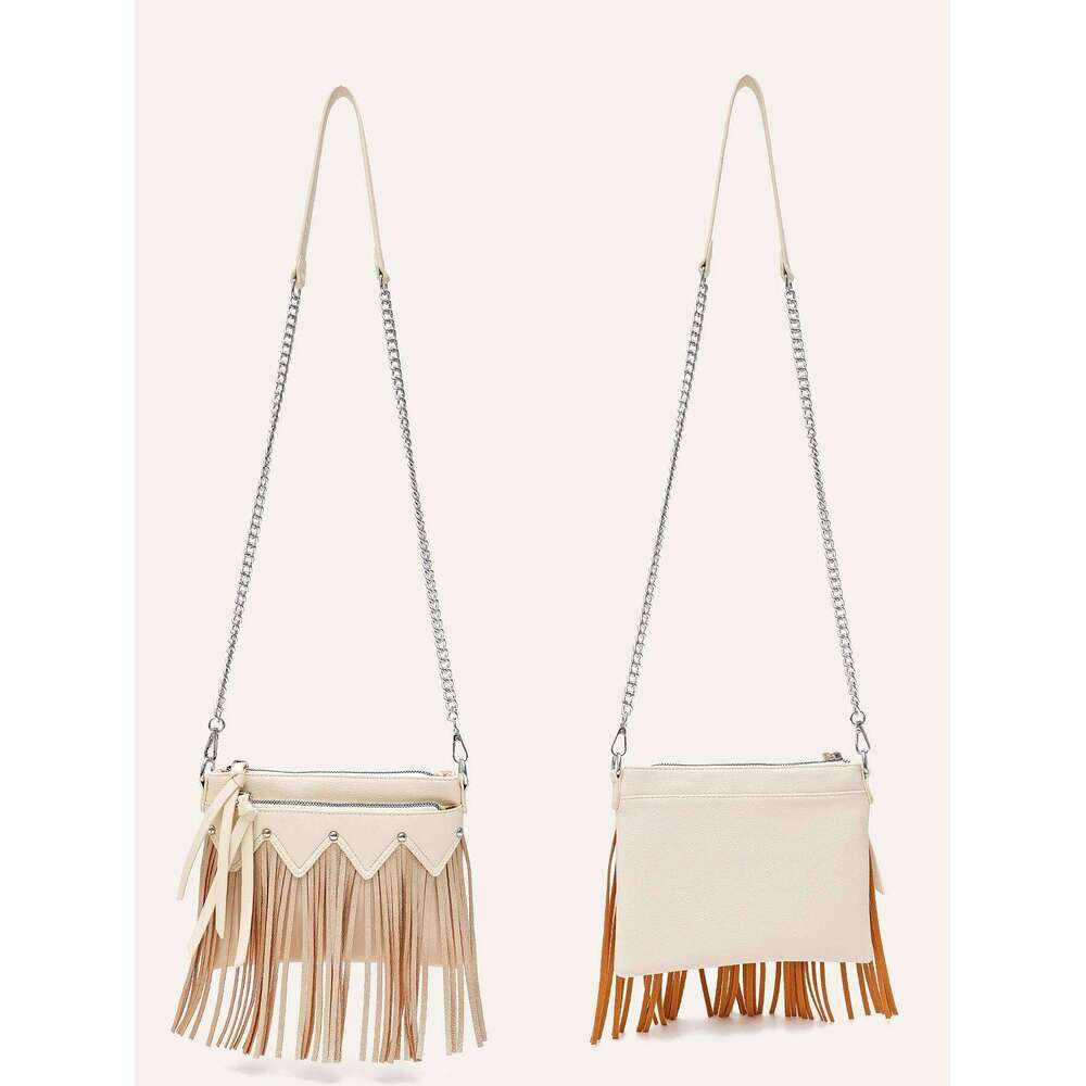 CEZIRA Fashion Chic Metallic PU Leather Contrast Color Tassel Handbag For Women Fringe Studded Chain Cross Body Bag Boho Casual