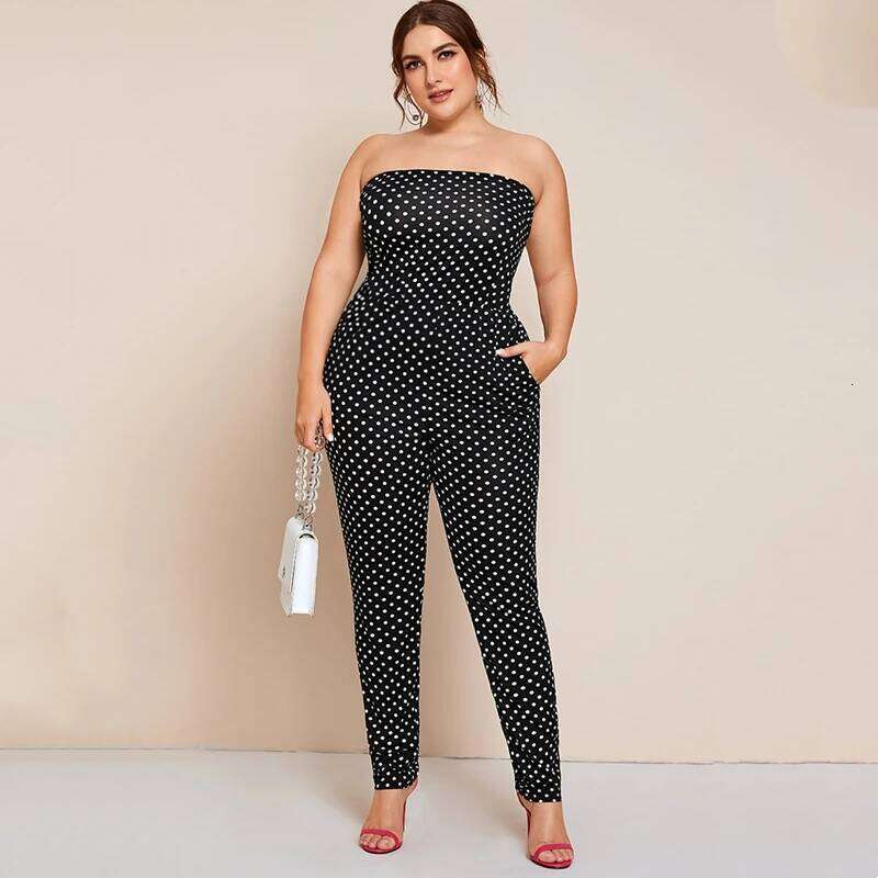 Plus Size Dot Printed Strapless Tube Women Sexy Slash Neck Pocket Sides Summer Spring Elegant Fashion Jumpsuits 6XL