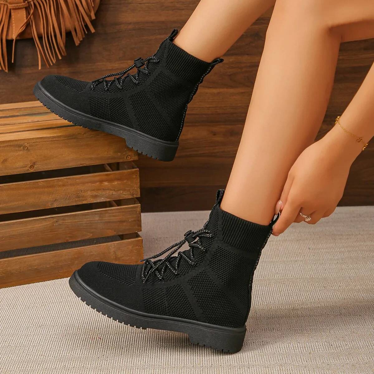 Ddmyoutdoor Women Shoes Fashion Elastic Casual Ankle Winter Trend Short Plush Warm Knnited Boots Size Flats Outdoor Shoes