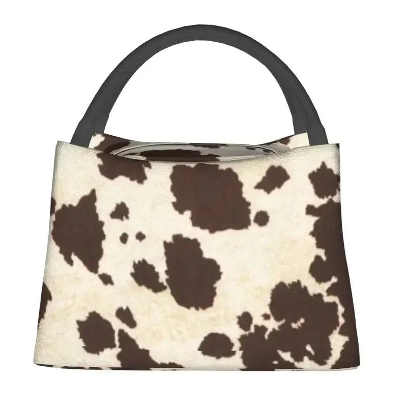 Brown and White Cowhide Lunch Bag for Womens Cooler Insulated Lunch Box Used for Camping 250606