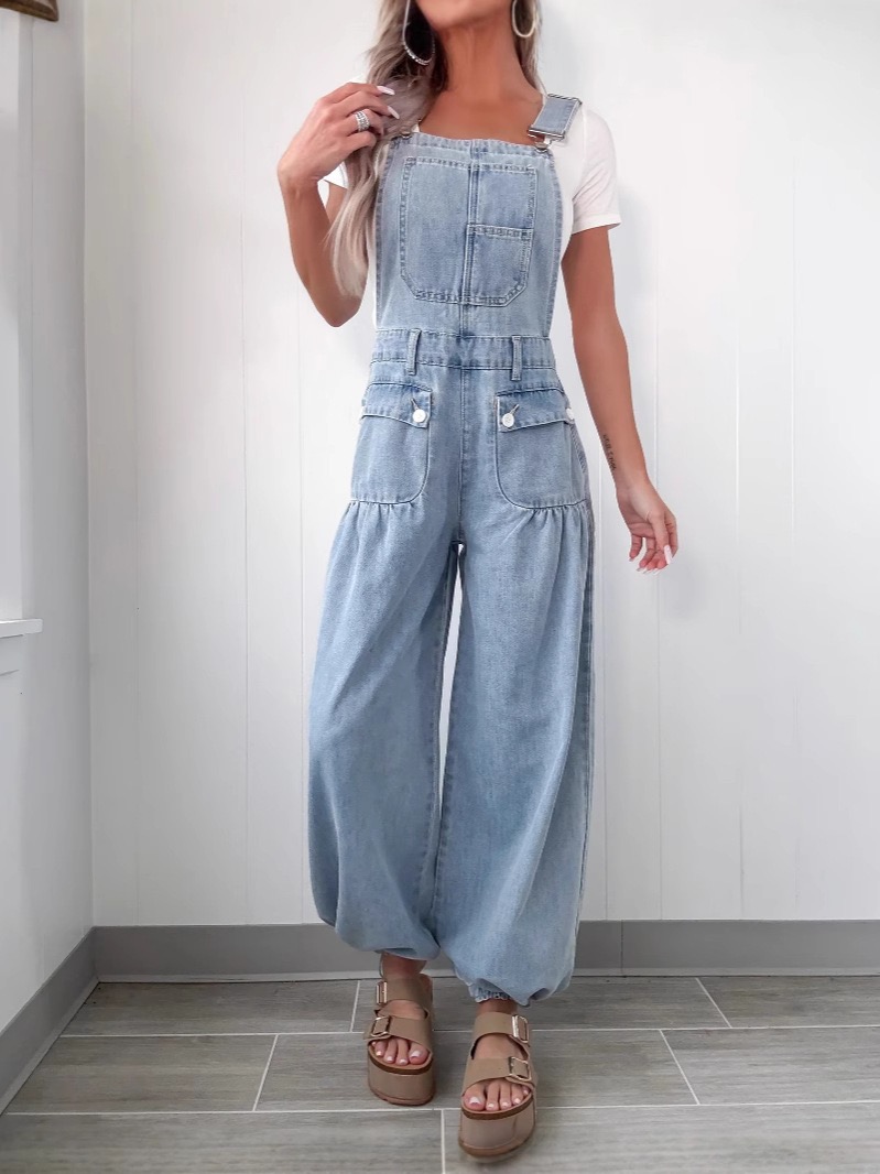 European women's new fashion clothing - stylish casual loose-fitting wide-leg denim drawstring pants