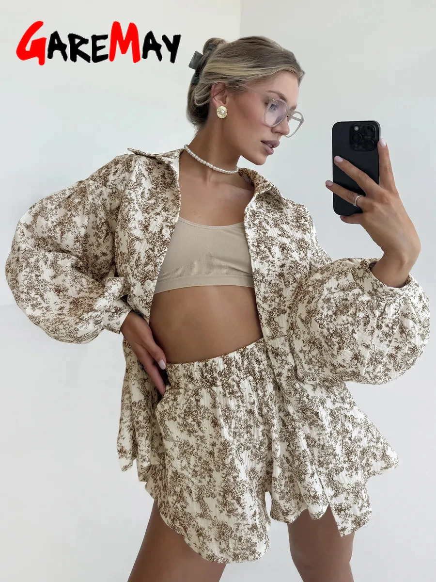 Womens Summer Suit with Shorts and A Shirt White Cotton 100% Two-piece Suit Female Long Sleeve Oversize Muslin Suit for Women 250605