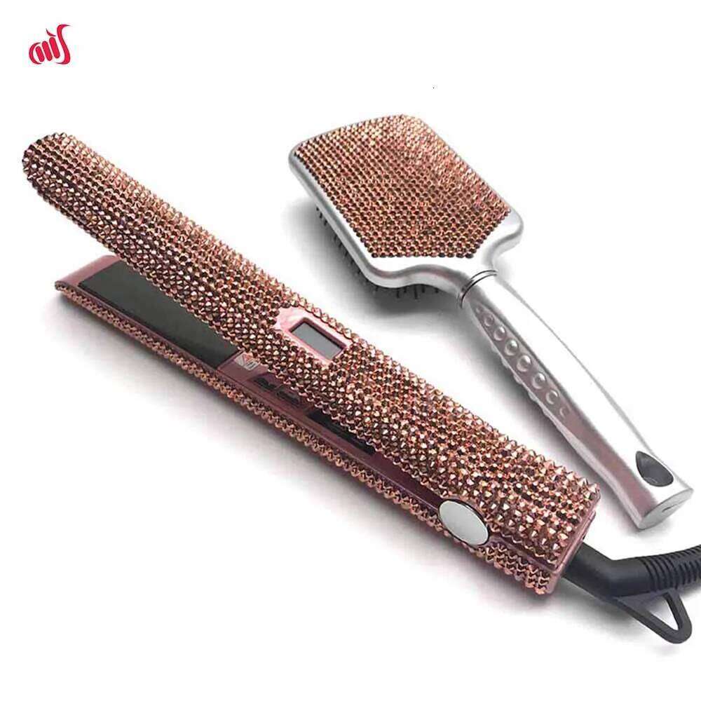 Straightener Iron & Paddle Rhinestone Flat Iron& Massage Brush Kit Planchas Para El Cabello& Cepillo Set
