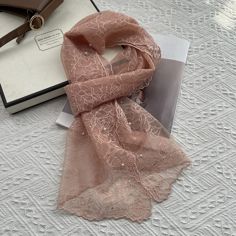 Lace Silk Scarf Womens Spring and Summer Ins Retro Korean Version Decoration Versatile Long Fashion Temperament Small 250604