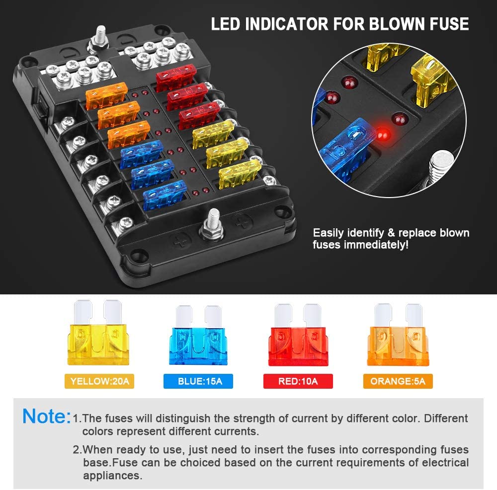 6-way and 12 way fuse holders with fuses, waterproof covers, and LED indicator lights, suitable for 12V/24V cars, trucks, ships, etc