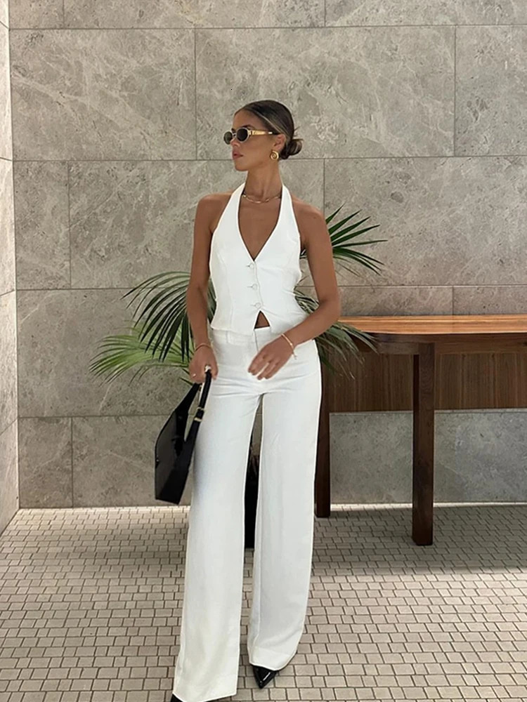 Halter Vest Coat Pants Women 2 Piece Sets Backless Single Breasted Lace Up Crop Top Wide Leg Pants Female Outfit Lady Streetwear 250605