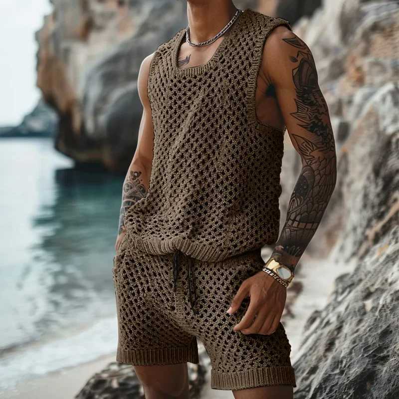 Summer Mens Clothes Casual Knit Two-piece Sets Trendy Tank Tops Shorts Hollow Out Beach Sport Suits for Men Streetwear Design W250609