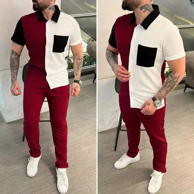 Men Pant Set Two Piece Sets Short Sleeve Turn Down Collar Single Breasted Shirt Tops Splice High Waist Long Pants 2024 W250609