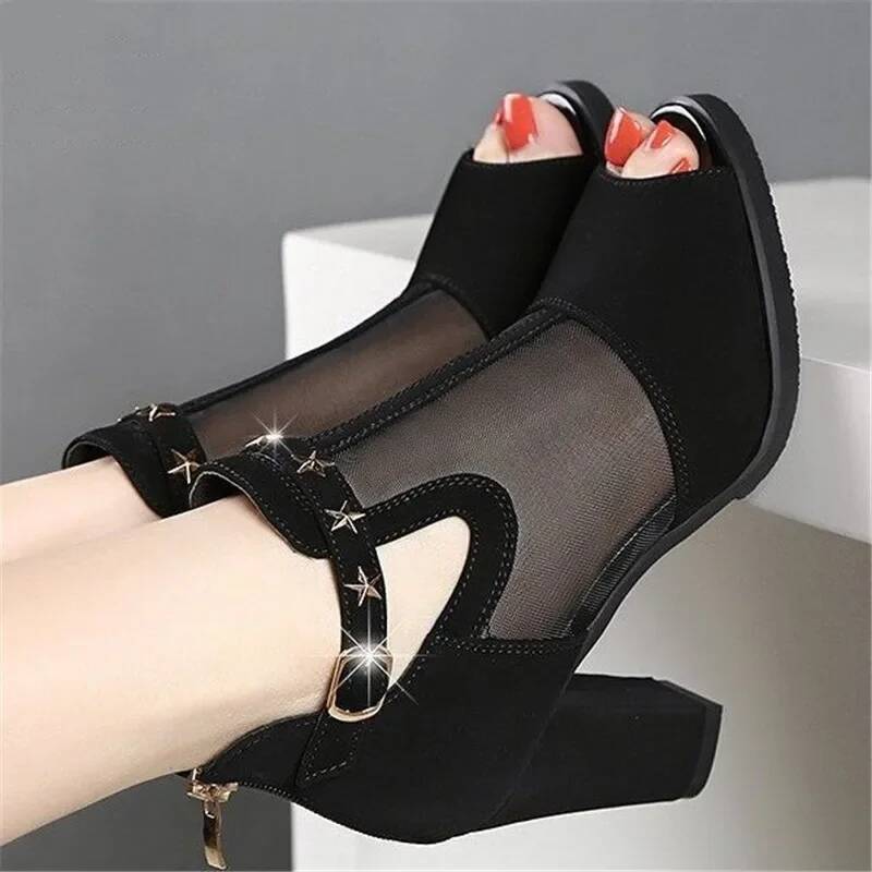 Ddmyoutdoor Breathable Mesh High Heels New Summer Women Fashion Metal Decoration Square Heel Sandals Zipper Female Shoes Outdoor