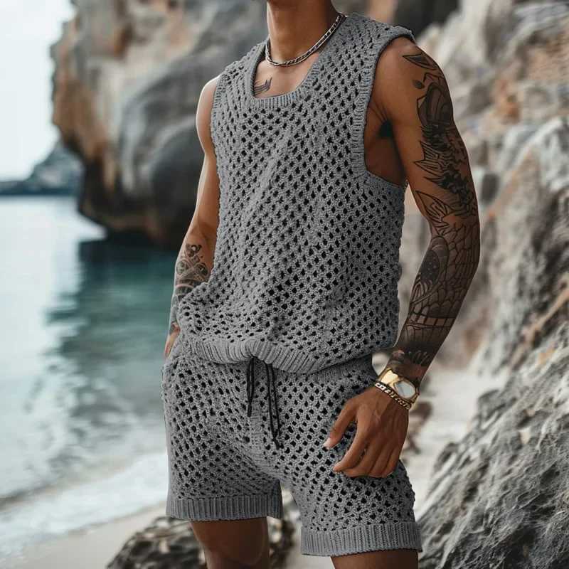 Summer Mens Clothes Casual Knit Two-piece Sets Trendy Tank Tops Shorts Hollow Out Beach Sport Suits for Men Streetwear Design W250609