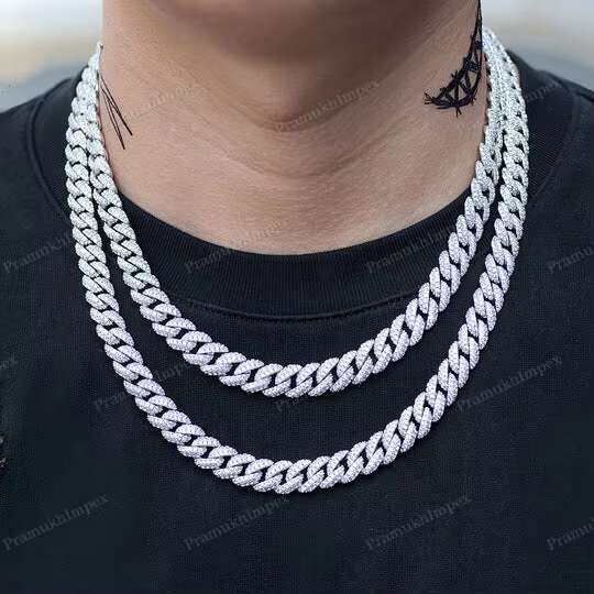 Hip hop 10mm Cuban Link Choker Chain VVS Moissanite Round Cut Diamonds Strling Silver With Gold Plated Cuban Chains For Unisex