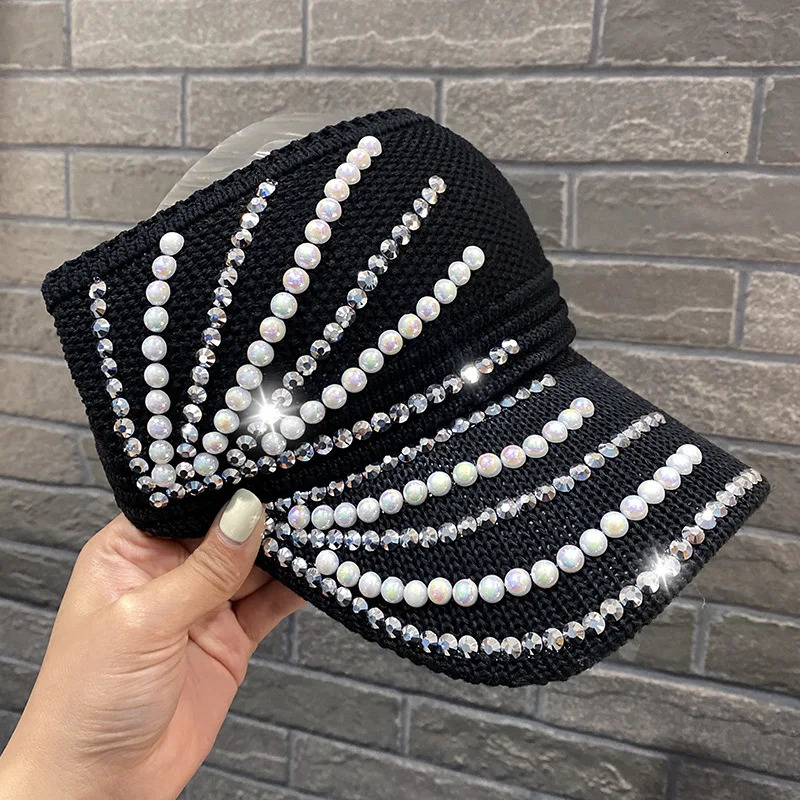 Shining Diamonds Pearls Sun Hats for Women Empty Top Visor Bling Lady Cap Casual Outdoor Sport Cap Summer Beach Sunshade Hat 250603