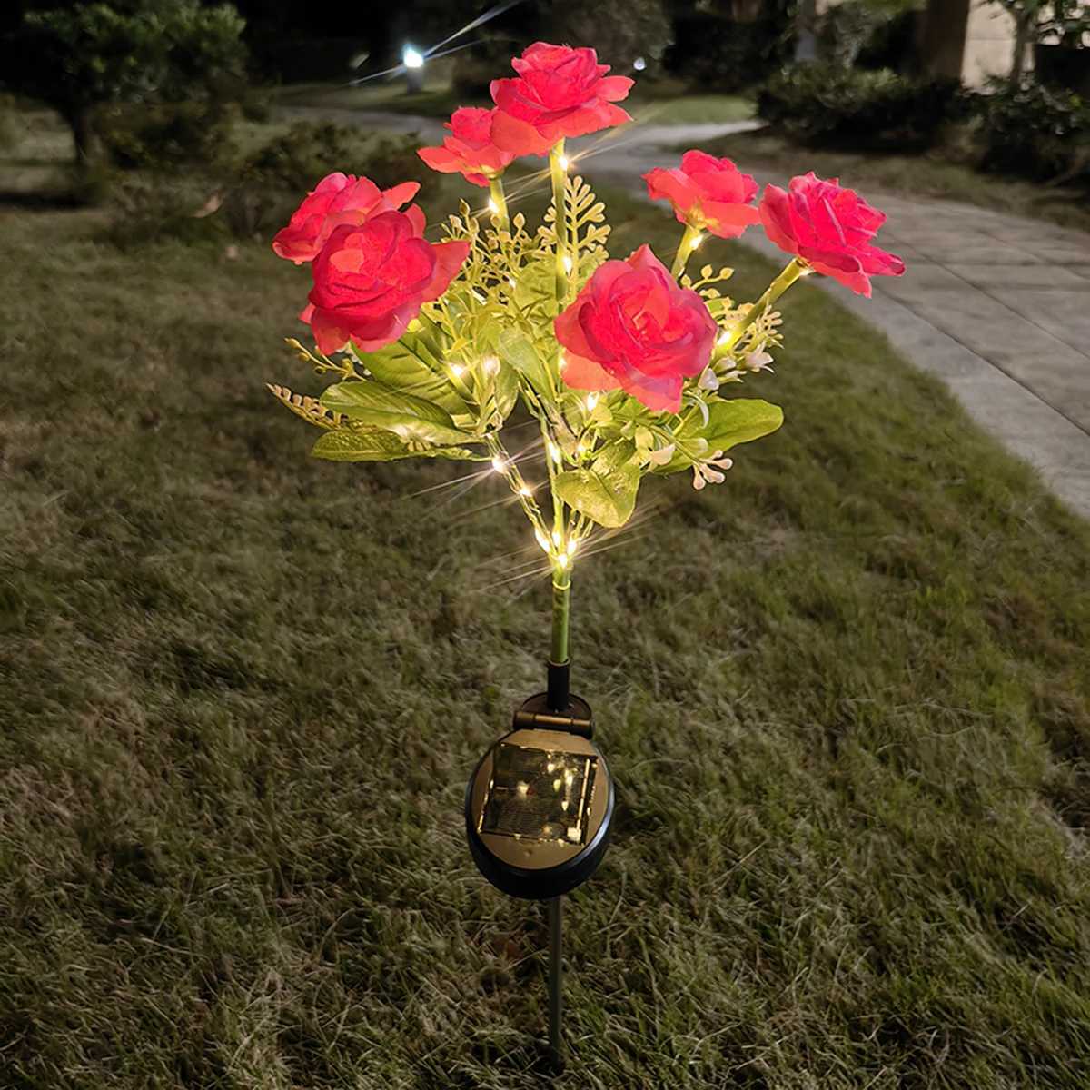 Rose Flower Lawn Lamp 7 Heads Outdoor Trendy Fashion Ambience Solar LED Warm Light For Yard Patio Garden Holiday Party Lantern XJ250606