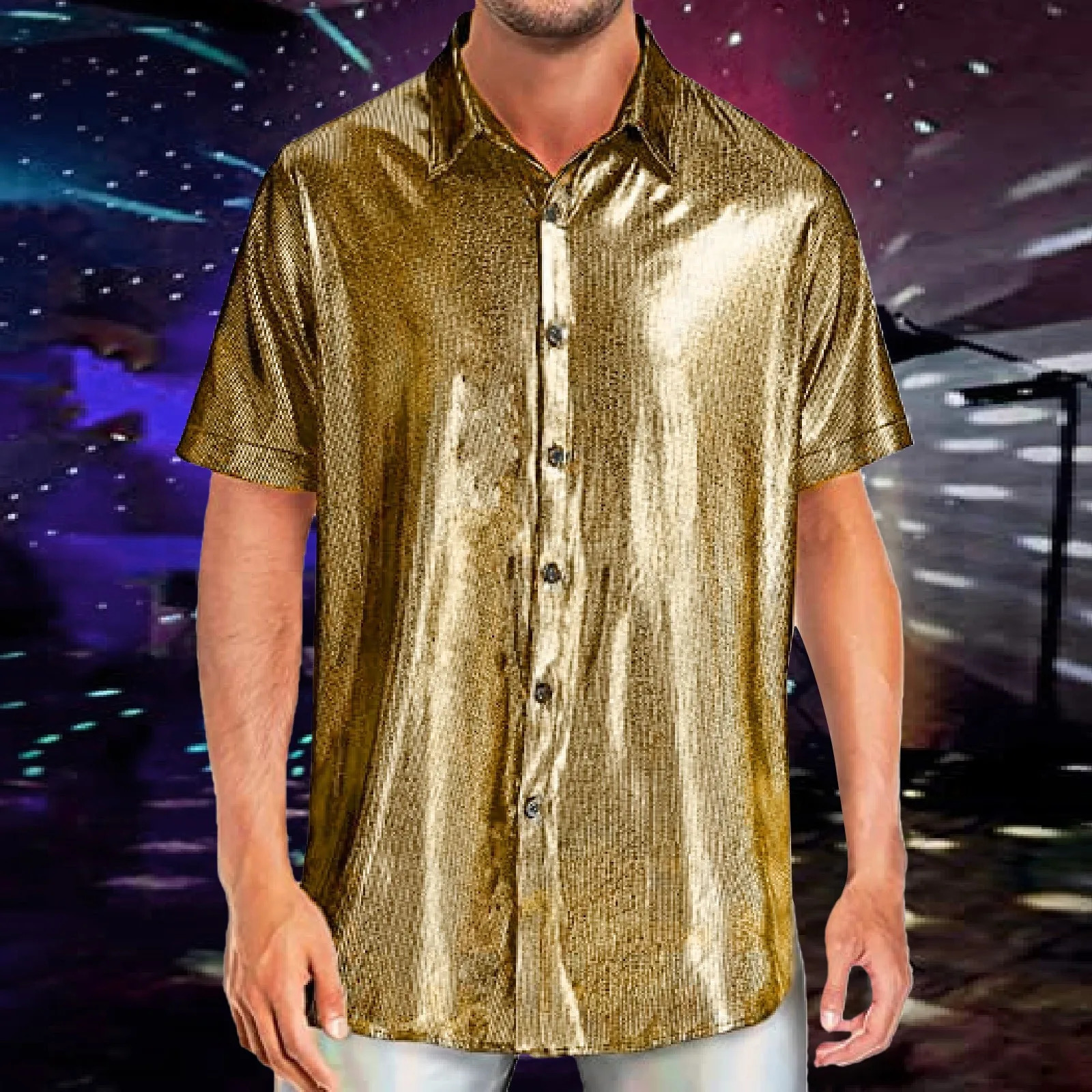 Mens Shiny Sequins Shirt Fashion Mens Performance Shirt Turn-Down Collar Short Sleeved Shirts For Club Party Disco Stage Show 250606