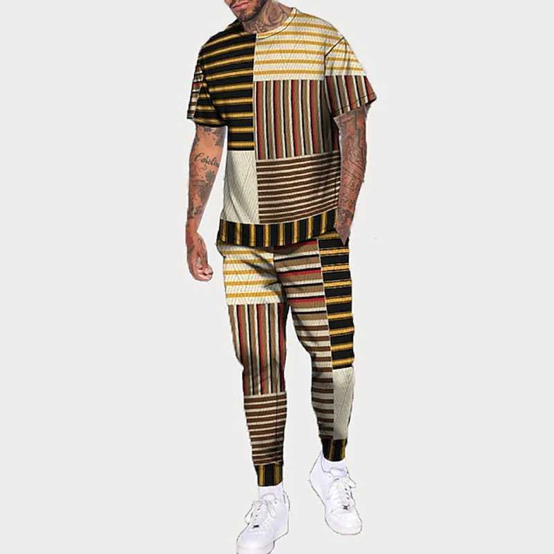 Mens T-shirt Long Pants Tracksuit Stripes Geometry 3D Print T Shirts Trousers Set 2 Pieces Streetwear Oversized Suit Sportswear W250609