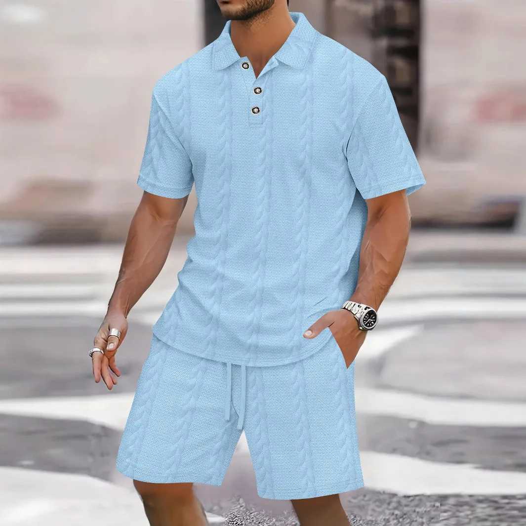 2025 New Mens Summer Jacquard Solid Color Set Casual Beach Style Lapel Opening Short-Sleeved Drawstring Shorts Two-Piece Set W250609