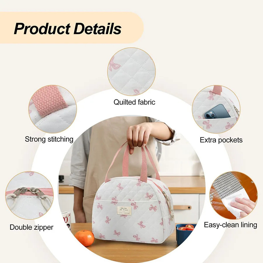 Quilted Lunch Bag Large Capacity Cute Lunch Box Bag Floral Printed Bento Bag Travel Picnic Camping Bag 250606