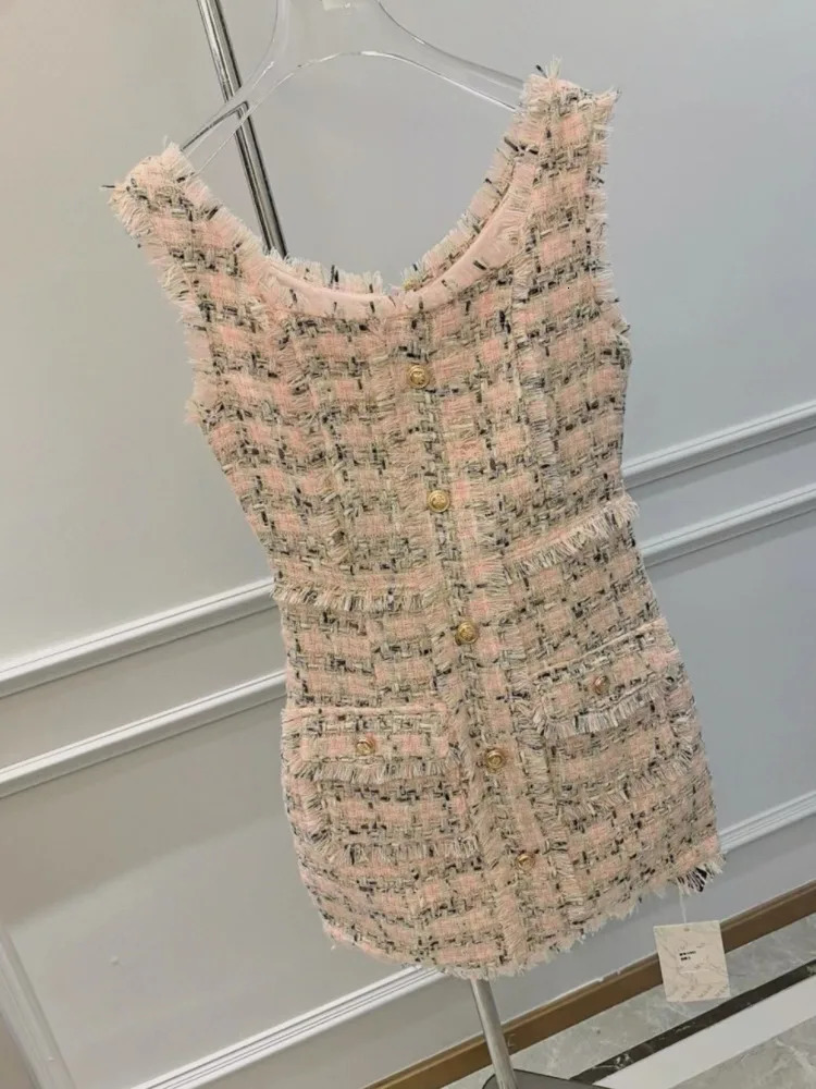 French Small Fragrance Sleeveless Dress Womens Summer Plaid Tassels Slim High-grade Skirt Chic O Neck Tweed Vest Dresses Female 250603