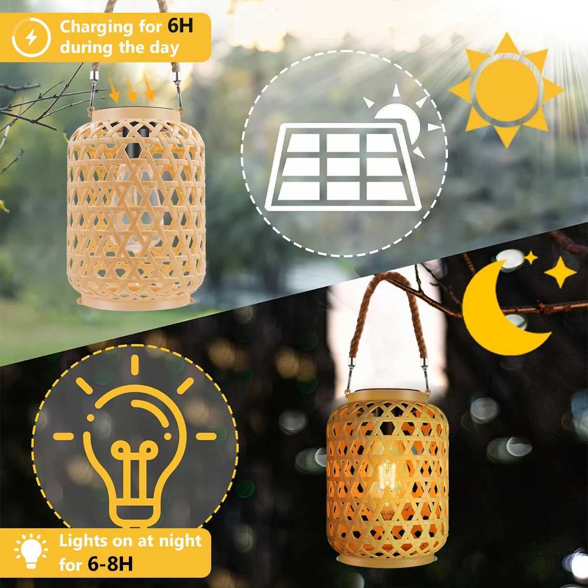 Decoration Lights Outdoor Rattan Solar Lantern with Handle Solar Bulb Lamp LED Hanging Lantern Lights Garden Landscape Lamp XJ250606